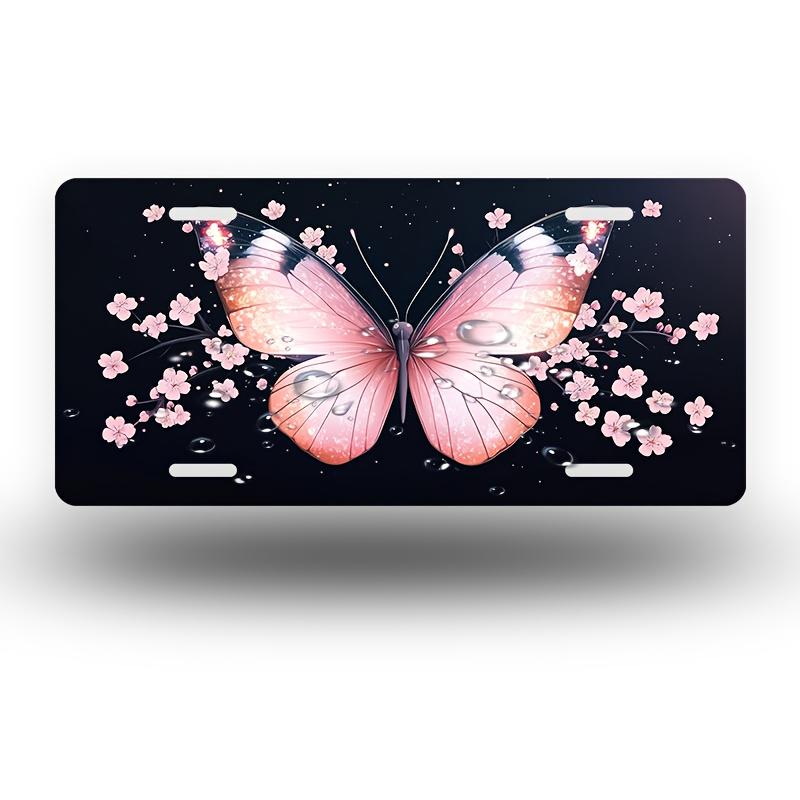 D Flat Butterfly with Pink Blossoms Front License Plate Cover Frame Decorative Aluminum Novelty Plate for Men Women Boys