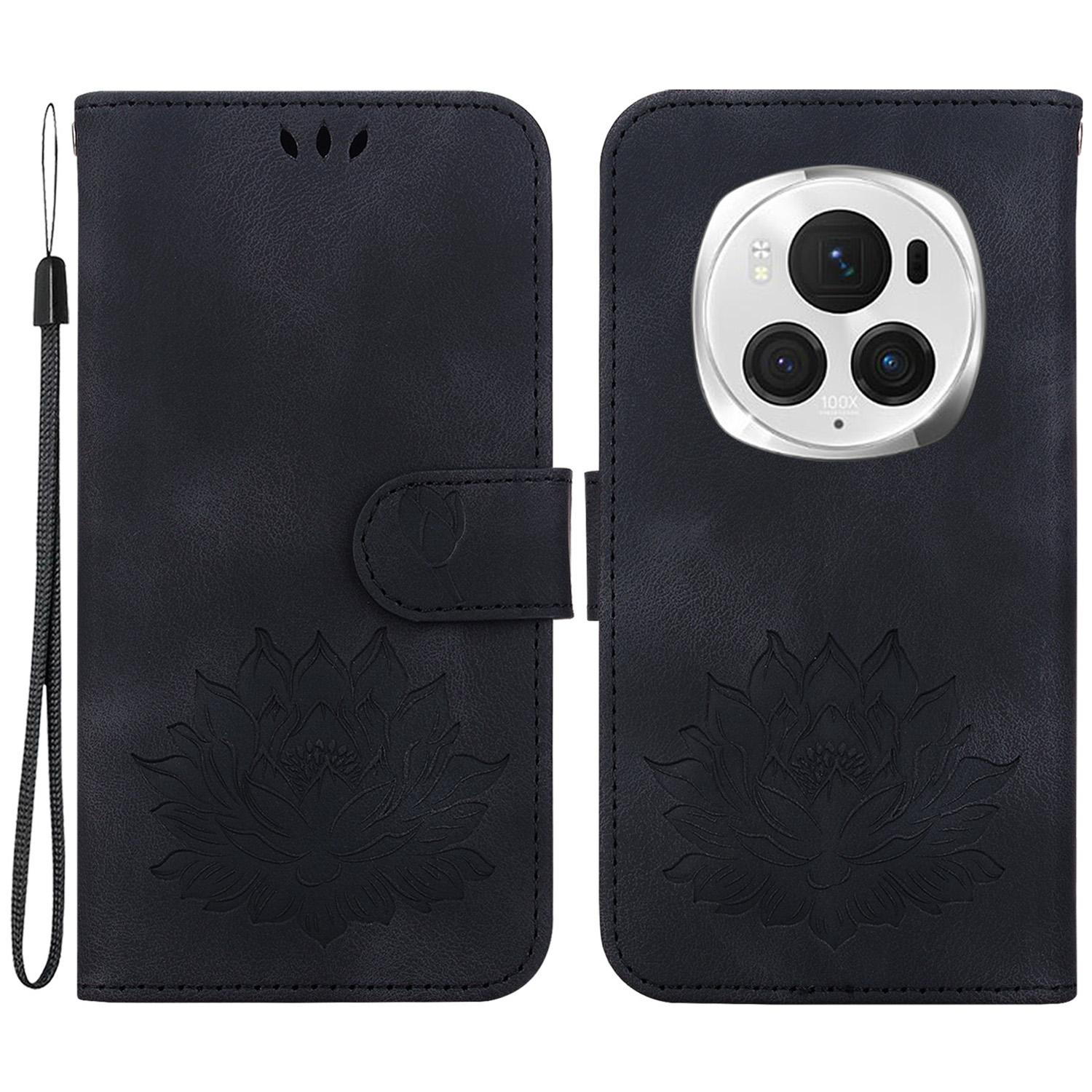 

For Honor Magic6 Pro 5G Case Leather Lotus Phone Cover Wallet with Card Holder Black