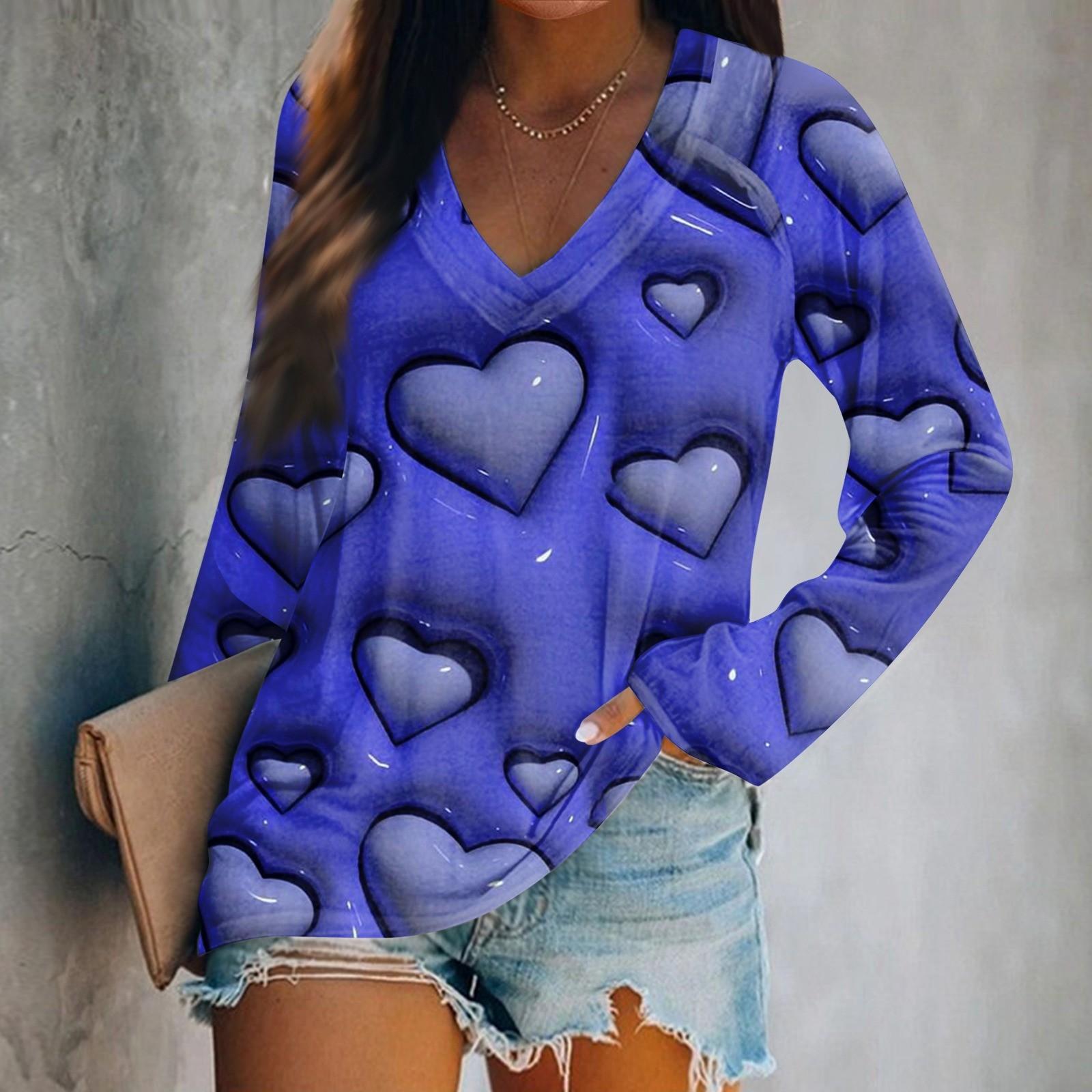 

Женская футболка с длинными рукавами и V-образным вырезом с принтом ко Дню святого Валентина. Повседневный и удобный топ L синий