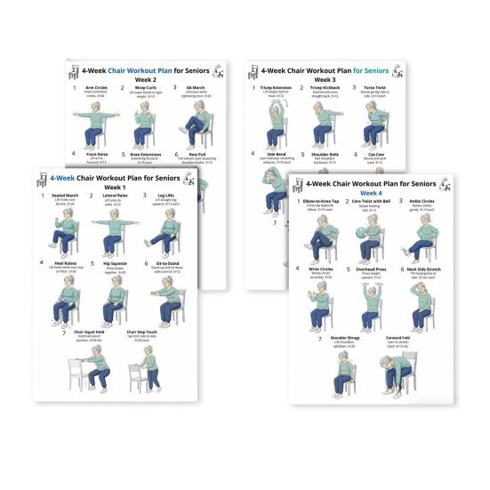 

4Pcs 4-Week Chair Exercise Chart for Seniors Full Body Seated Stretching & Strength Workout Poster Low-Impact Home Fitness Plan for Elderly Sets