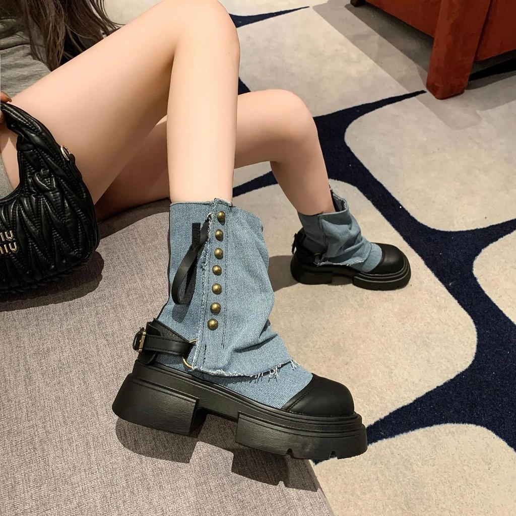 Women's Boots New Mid Calf Boots for Women Fashion Platform Boot Breathable Canvas Cowboy Boots for Women Motorcycle Botas