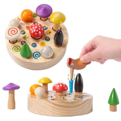 Baby Montessori Games Wooden Toys Picking Mushrooms Catching Bugs Board Early Educational Fine Motor Training Size Matching Game