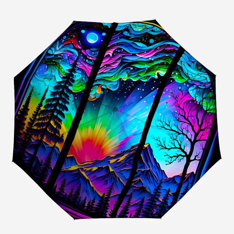 

1pc StainedGlass Landscape Automatic Open/Close Umbrella with Folding feature Compact Travel Umbrella, Lightweight design, for Commuting129