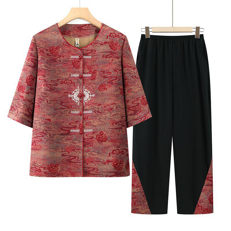 

Chinese Style Mid-Sleeve Summer Tops for Elderly Women, Stand Collar Grandma Sets, 2026 New Mom s Shirts. XL (recommended 80-105 lbs)