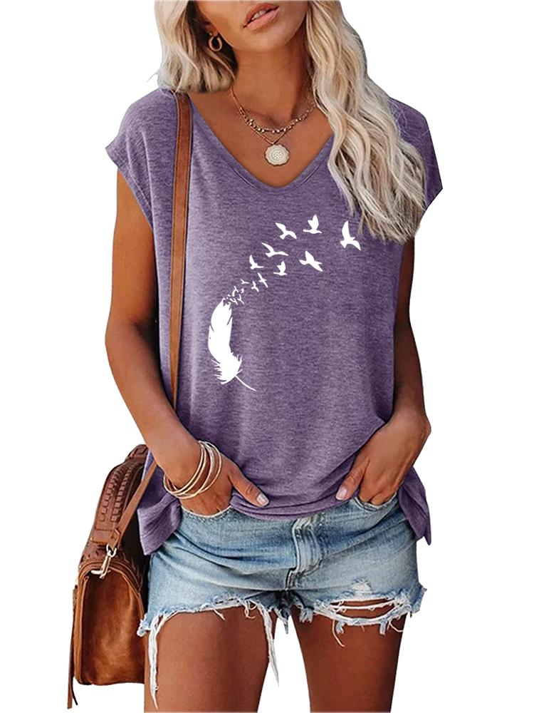 Women Print T-shirt Summer Fashion V Neck Short Sleeve Top Ladies Casual Tee Shirt