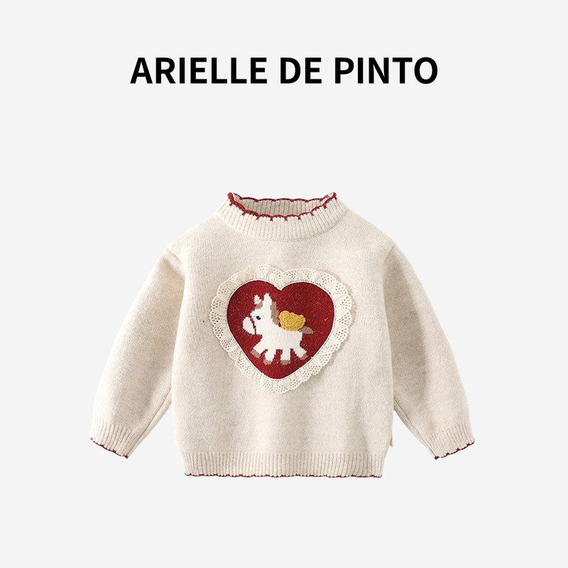 French Arielle De Pinto Girls  Winter Sweater, Year of the Horse New Year White and Red Festive Knitwear for the New Year White 110