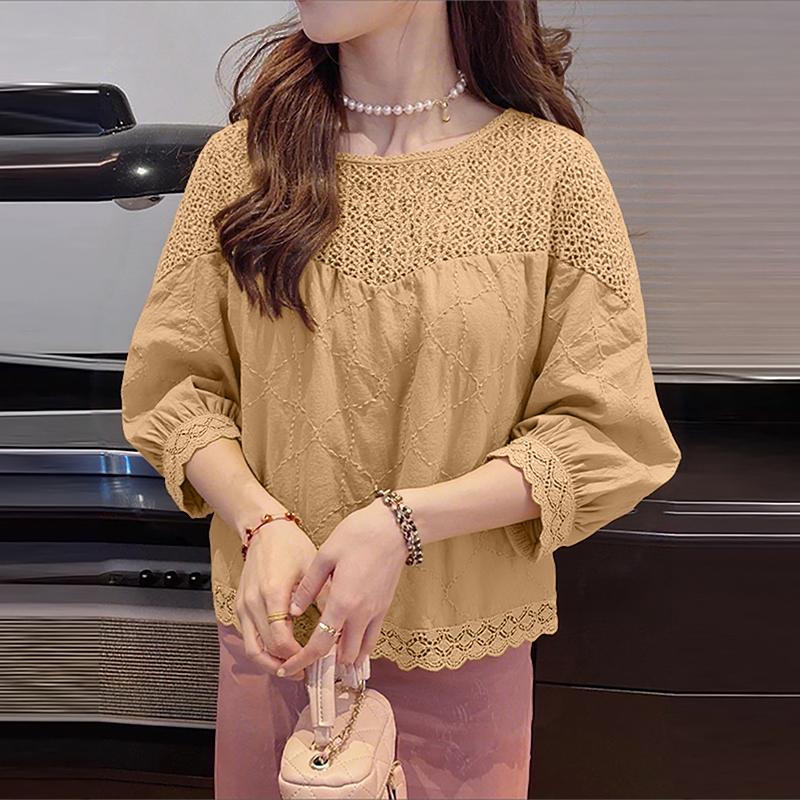 ZANZEA Women Crochet Patchwork Casual Round Neck Loose Long Sleeve Blouse