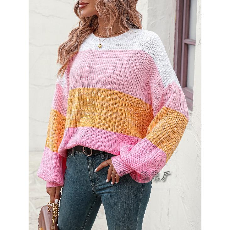 2024 Herbst/Winter Neuer europäischer und amerikanischer Farbblock-Rundhals-Strickpullover Modepullover für Damen