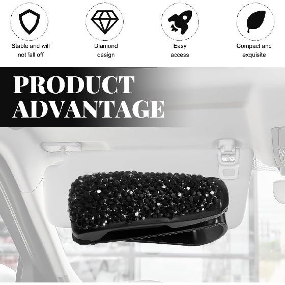 2 PCS Car Sun Visor Glasses Holder, Fashion Bling Car Eyeglasses Sunglasses Hanger for Women Girls, Glasses Holder Clip Hanger Mount with Ticket Card