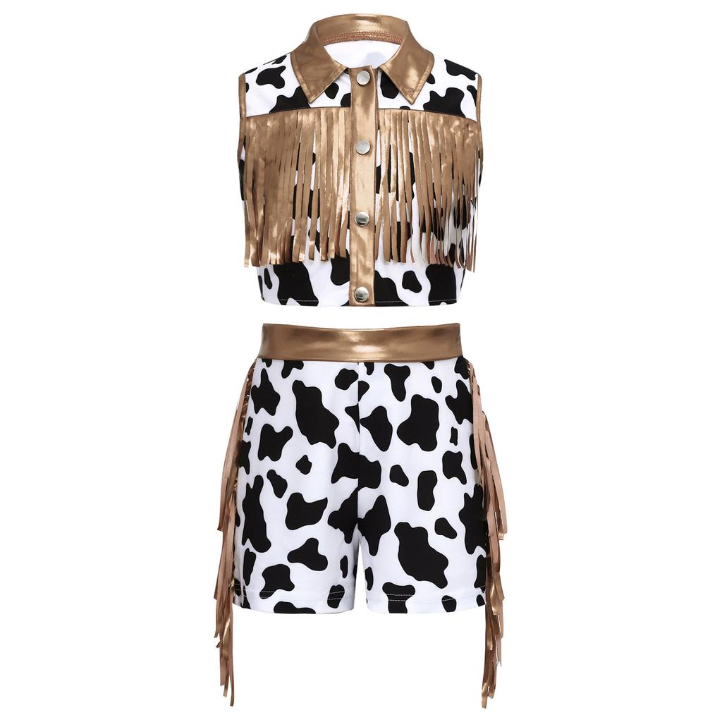 Mädchen Western Cowgirl Kostüm Metallisches Patchwork Ärmelloses Oberteil mit Fransen und Quasten-Shorts Outfit Set
