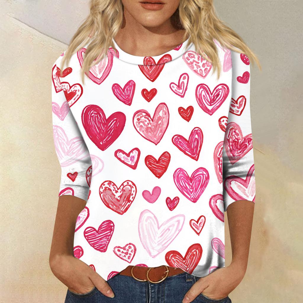 Women's Fashionable Casual Three-quarter Sleeve Valentine's Day Print Round Neck Pullover Top