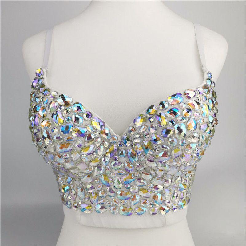 

Performance Outfit with Hand-Sewn Ab Rhinestones, Strapless Top, Trendy Nightclub Performance Outfit, Sequin Belly Dance Tank Top for Women White 34