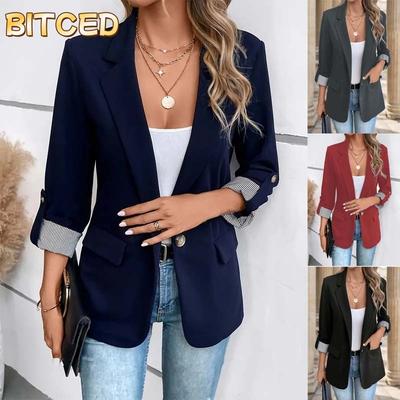 Damen Vintage Casual Solid Color Print Herbst Winter Langarm POLO Neck Jacken & Mäntel