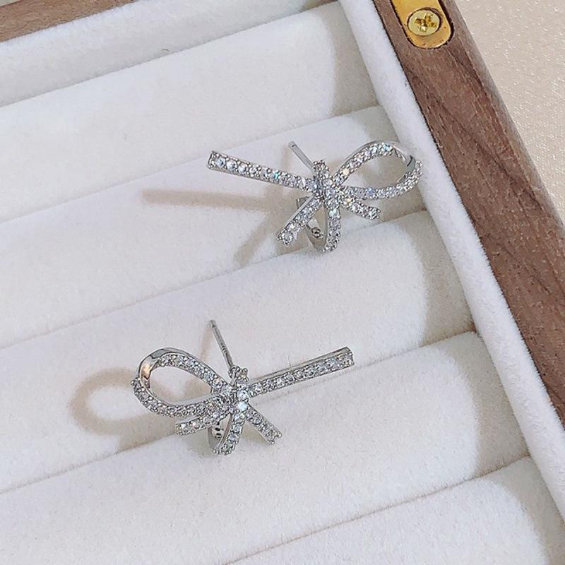Zirconia Bow Diamond Silver Stud Earrings - High-End Fashionable & Unique Design