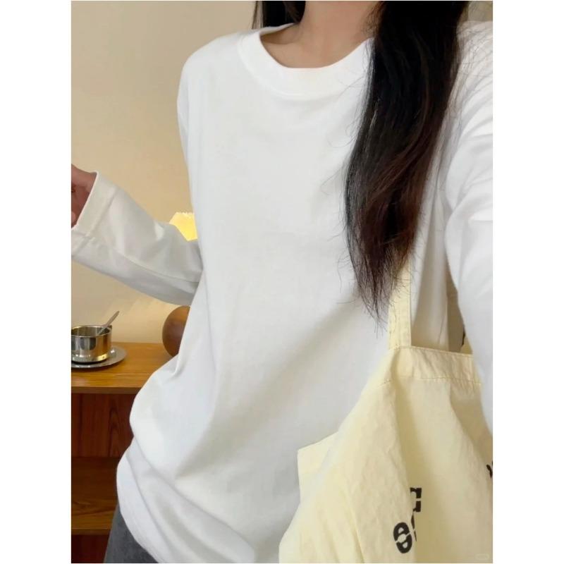 Heavy pure cotton bottoming shirt women's spring simple loose long-sleeved shirt with casual basic white top