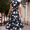 QICED Spring Summer Floral Print High Waist Short Sleeve V-neck Print Flysleeve Dress