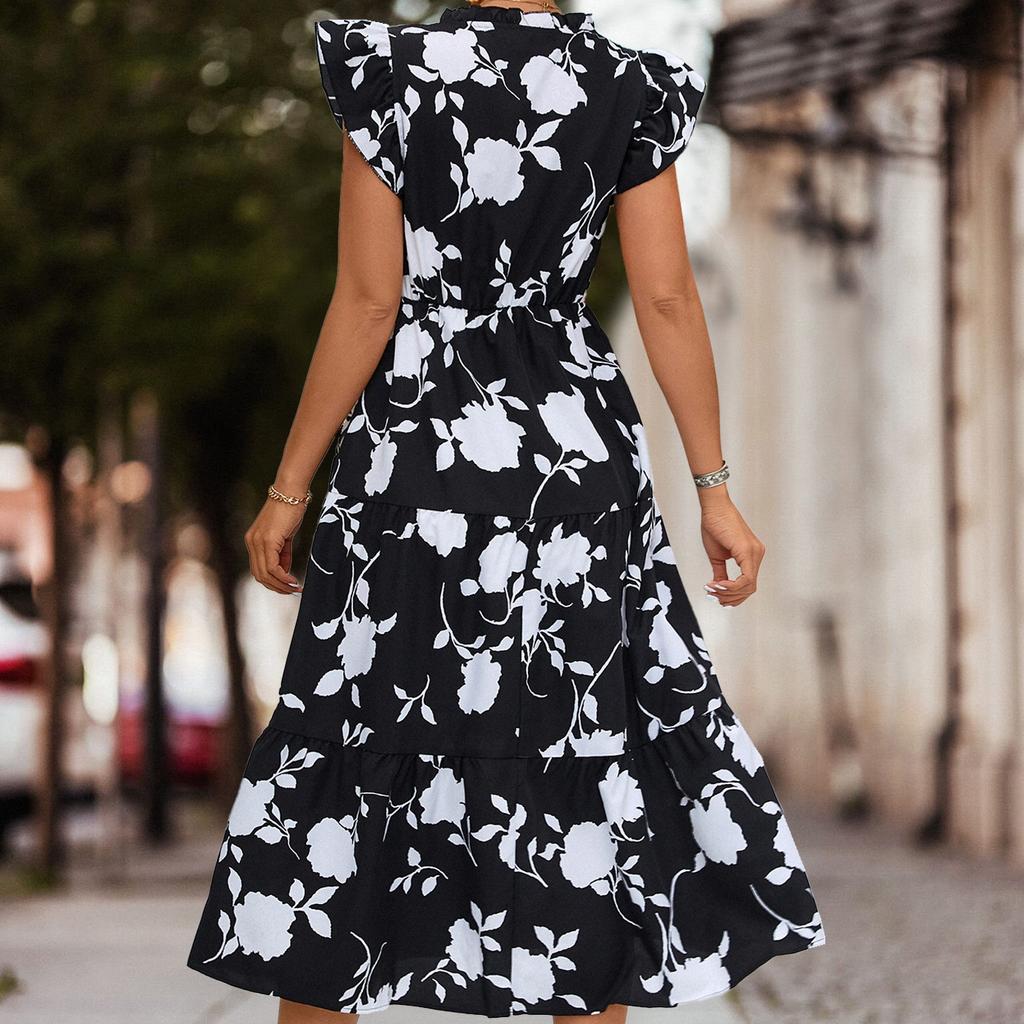 QICED Spring Summer Floral Print High Waist Short Sleeve V-neck Print Flysleeve Dress