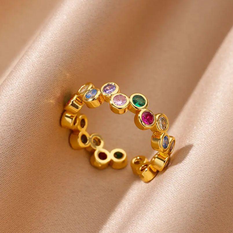 Round Rainbow Zircon Rings For Women Stainless Steel Gold Color Evil Eye Ring Bling Couple Waterproof Aesthetic Jewelry Gift