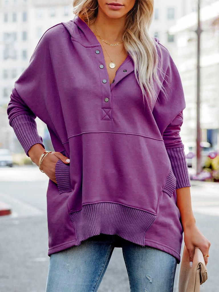 Women's Sweatshirt Fashionable V-neck Hooded Bat-sleeve Top Casual Loose Threaded Pullover