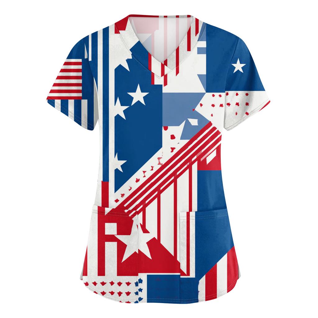 Women's Fashionable V-Neck Short-Sleeved Work Top With Pockets And Independence Day Print  Uniform