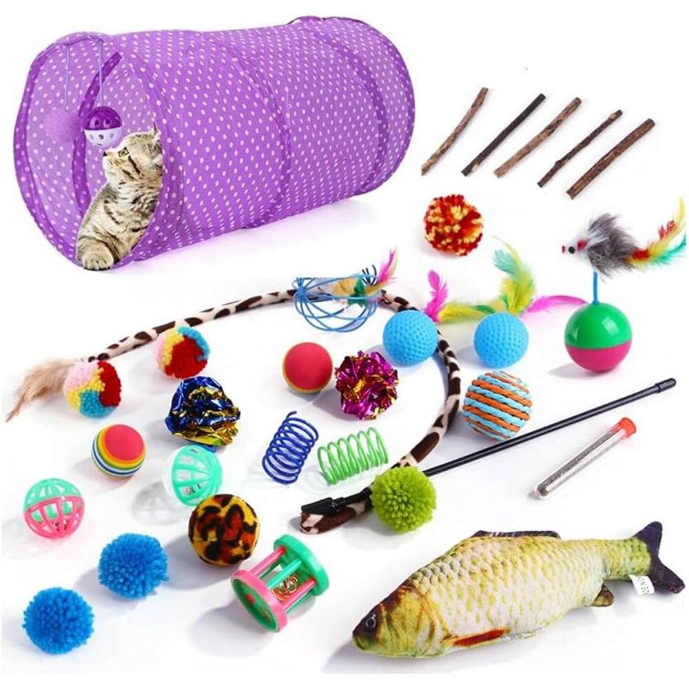 

30Pcs/Set Cat Toys Set with Purple Tunnel Interactive Cat Toy Feather Fish Mouse Crinkle Balls A