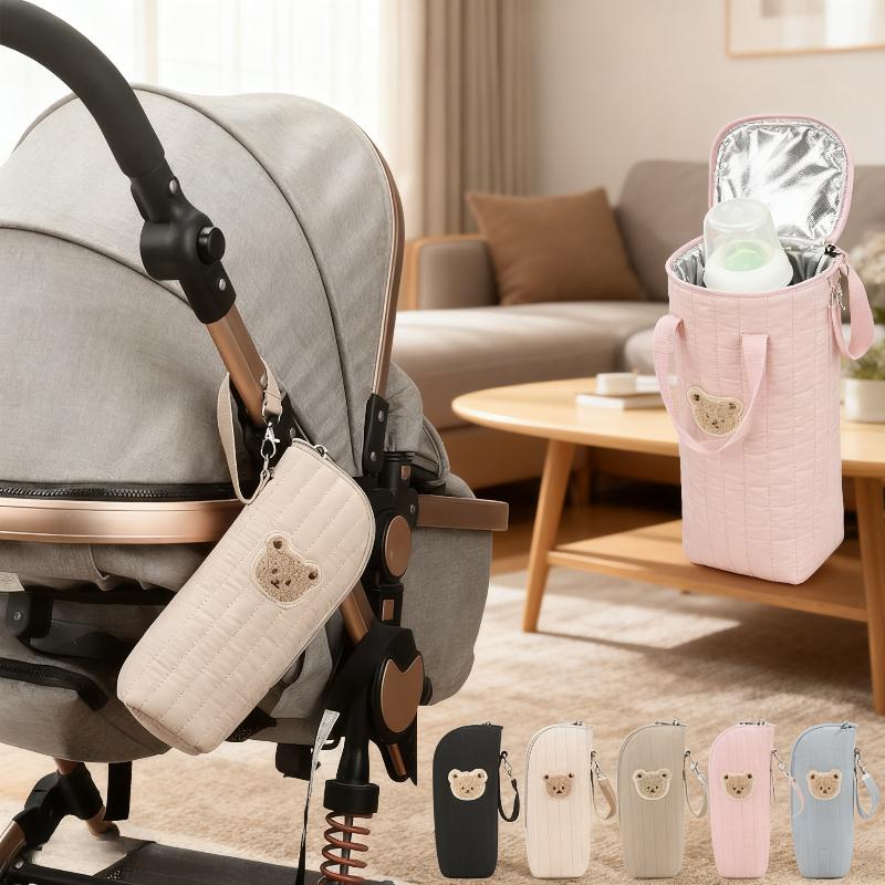 Design Baby Bottle Tote Bag with Aluminum Foil Insulation Bags Cute Bear Water Bottle Thermal Storage Pouch with Stroller Hook