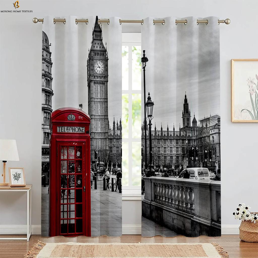 Czarno-biała architektoniczna skrzynka pocztowa retro krajobraz druk 3d zasłona sypialnia salon gabinet dekoracyjna zasłona 2 sztuki