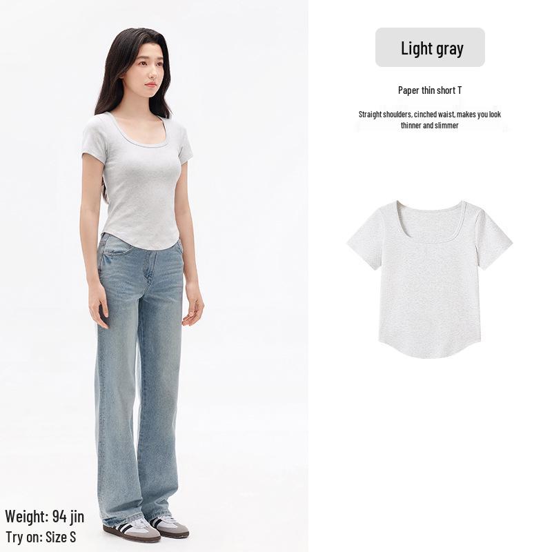 Cotton Aesthetics: Women's Slim Fit Square Neck Short Sleeve Top