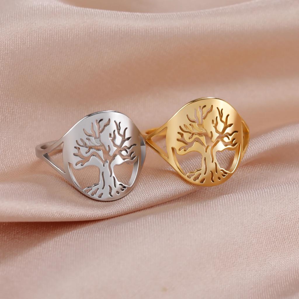 Stainless Steel Tree of Life Ring for Women Vintage Amulet Finger Rings Jewelry Mother's Day Gift