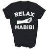 Relax Habibi Arabic Motivational T-Shirt Unisex Casual Short Sleeve Tee with Bold White Lettering Geometric Design Men Clothing