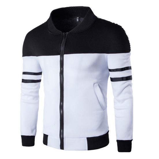 Men Autumn Coat Colors Matching Color Block Long Sleeves Elastic Cuff Anti-pilling Stand Collar Zipper Cardigan Striped Fall Jacket for Home