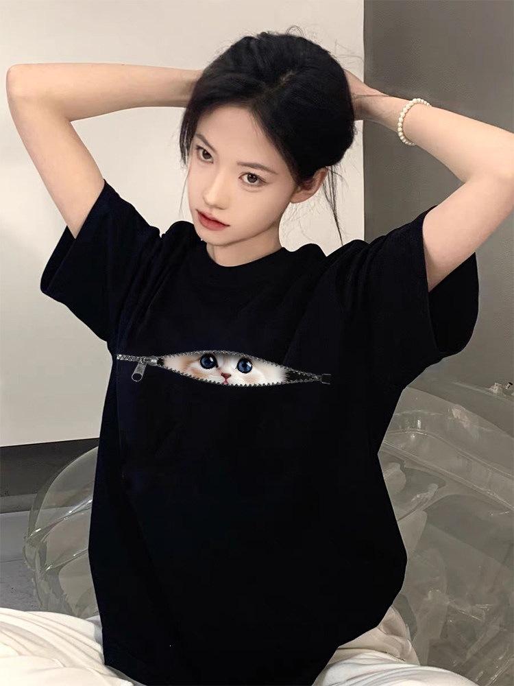 Pure cotton black short-sleeved women's t-shirt new popular summer unique design niche top loose t-shirt