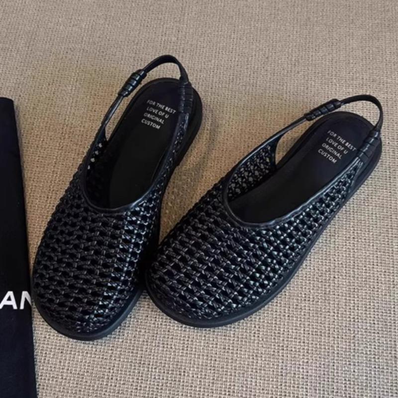 

Fashion Comfortable Breathable Woven Flat Sandals Women Fashion Round Toe Hollow Back Strap Designer Shoes Concise Non-slip Casual Shoes 35 чёрный