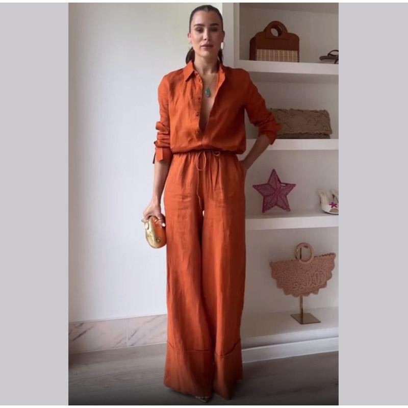 Bavlněná lněná dámská kalhotová souprava ležérní volná jednobarevná knoflíková košile kalhoty outfit léto dámský denní šik volné kalhoty oblek nový