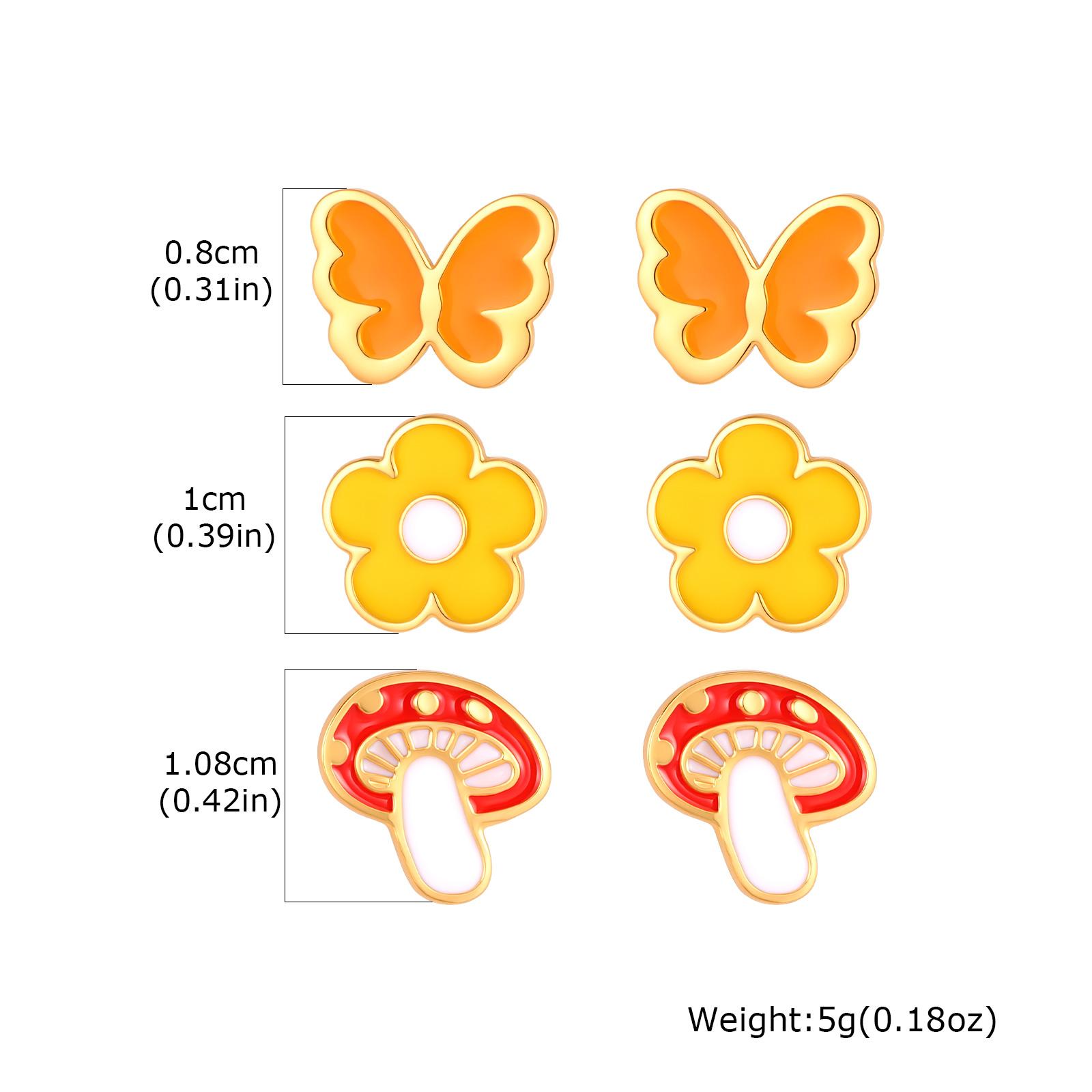 

3 Pairs Stud Earrings for Women Enamel Butterfly Mushroom Flower Rainbow Surgical Steel Earring Set Bulk Jewelry