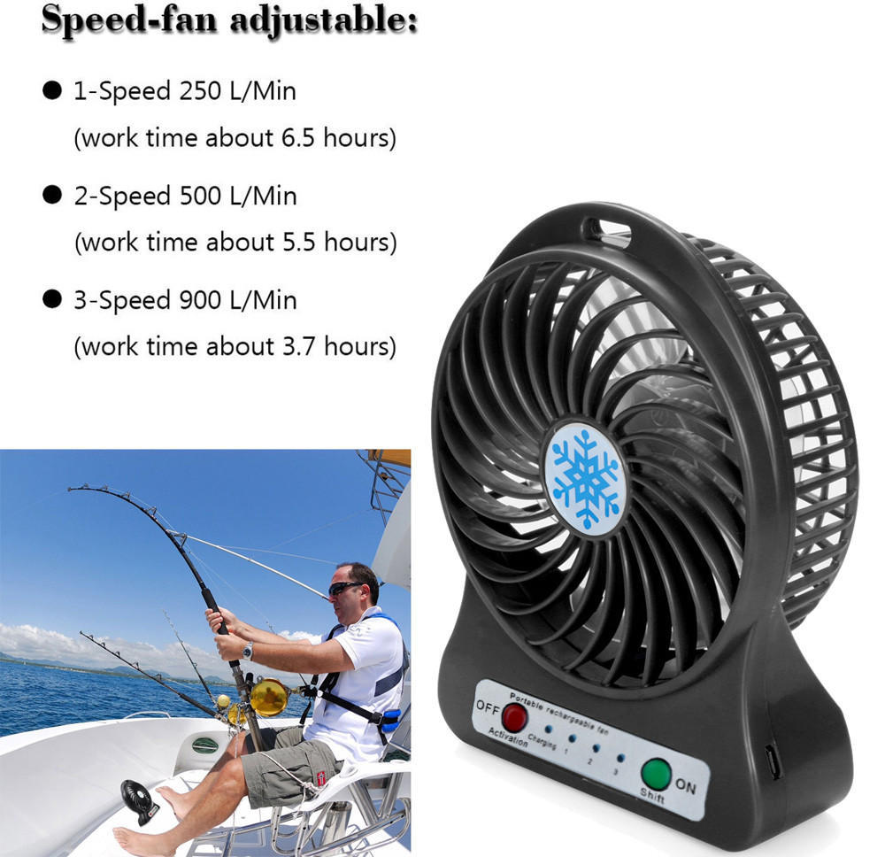 Portable LED Light Rechargeable Mini Desktop Fan, Three Speeds 18650 Lithium Ion Battery USB Rechargeable Small Fan