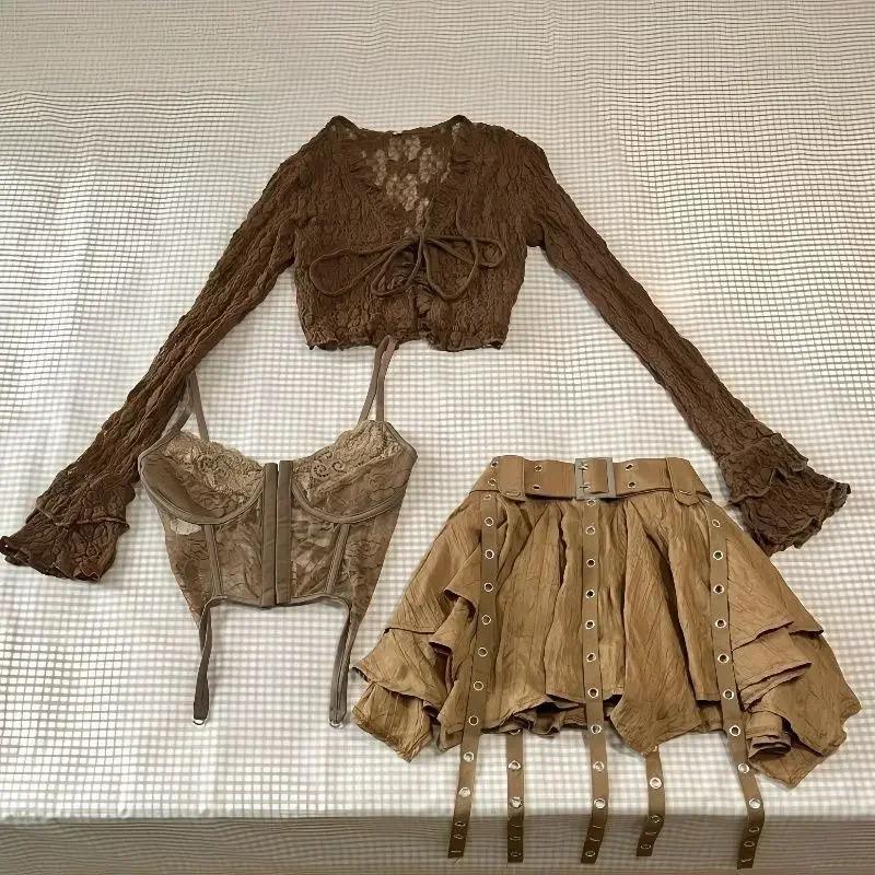 Harajuku Vintage-Mode 3-teiliges Set für Damen, kurze Strickjacke + schmale Weste + Y2k E-Girl-Rock mit hoher Taille, Hot Girls-Anzug im koreanischen Stil