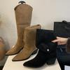 Retro Style Fold Button Women Knee-High Boots Fashion Pointed Toe Square Heels Casual Ladies Shoes  De Mujer