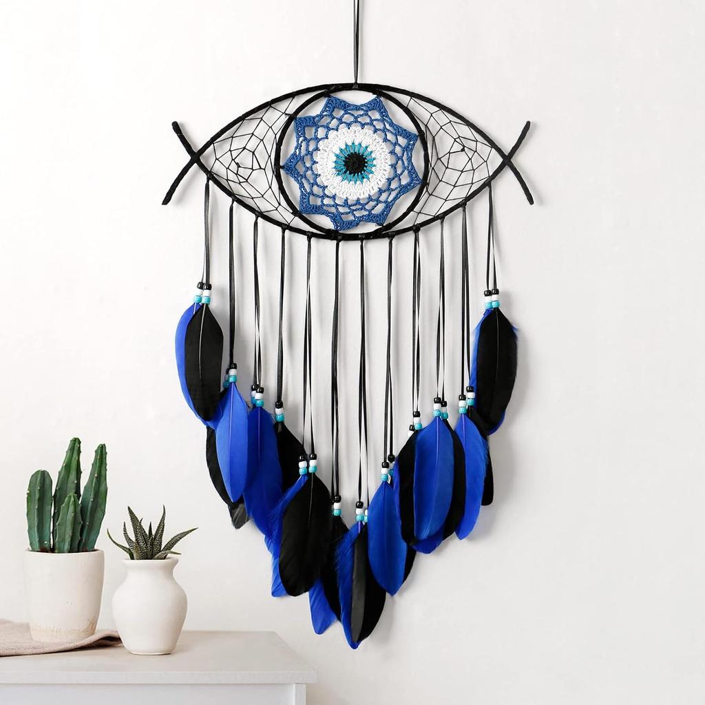 Dremisland Evil Eye Dream Catcher-Blue Black Dream Catchers Handmade Feather Evil Eye Wall Hanging Ornament Home Decor for Bedroom Livingroom Yard,