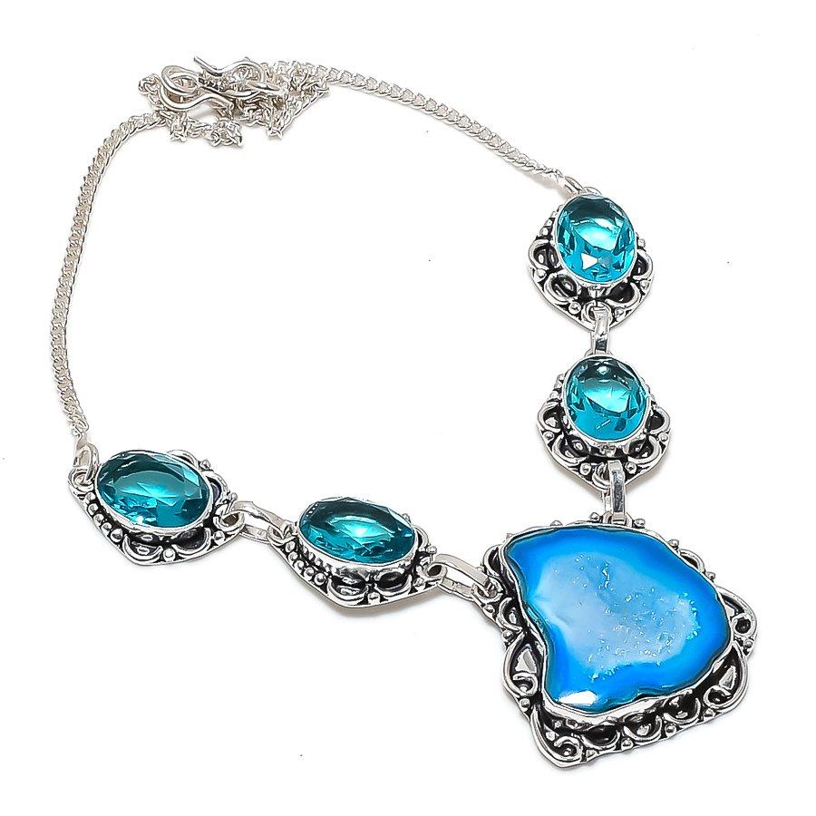 Natural Blue Druzy Slice, Topaz 925 Sterling Silver Jewelry Necklace 18" j4V04