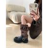 Cowhide version~ Skinny long boots splicing stacking boots women's niche retro heightening thick-soled small knight boots