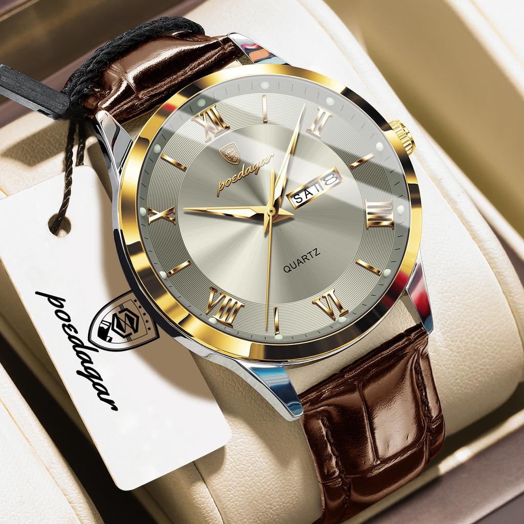 POEDAGAR Original Fashion Men's Watches Leather Date Week High Quality Quartz Men Wristwatch Waterproof Luminous Business Watches For Man Male Reloj