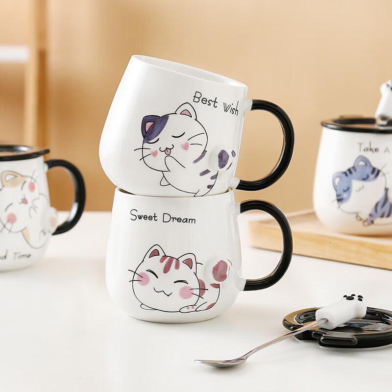 Ceramic Cat Mug with Lid and Spoon