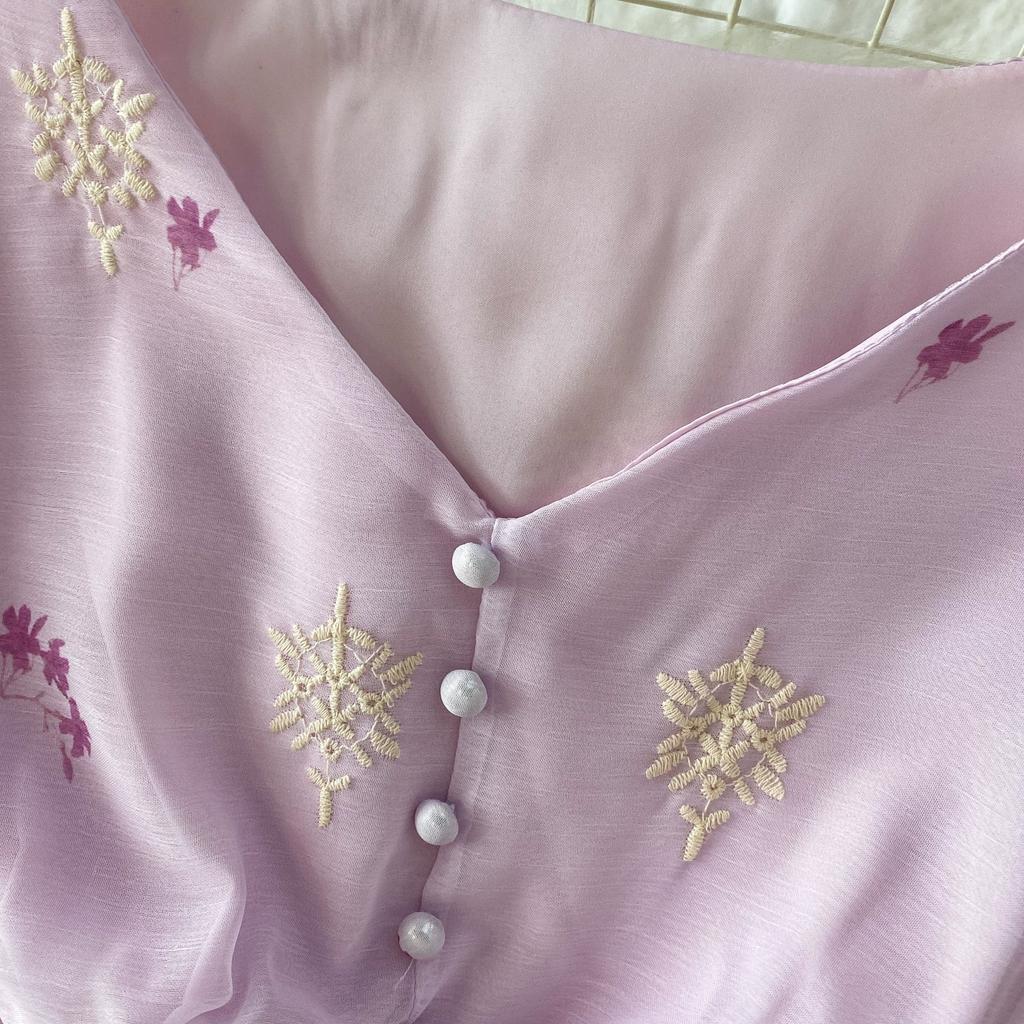 Summer Vintage Hollow Out Embroidered Midi Dress Women's V-neck Short Sleeve Elastic Waist Slim Long Dress