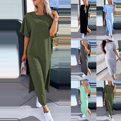 2024 Summer Women's Solid Color Short Sleeve Round Neck Slit Hem Dress