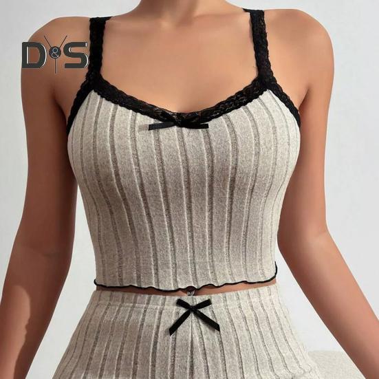 2 Pcs/Set Women Summer Pajamas Suit Shirring Edge Sleeveless Backless Crop Top Lace Bow Decor High Waist Mini Shorts Daily Nightie Slim Fit Sleepwear