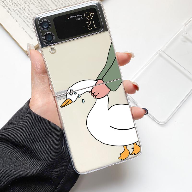 Cartoon Doubt Duck Fashion Phone Case For Samsung Galaxy Z Flip 3 4 5 6 7 Hard Folding Z Flip4 Clear PC Cover Protector Gift