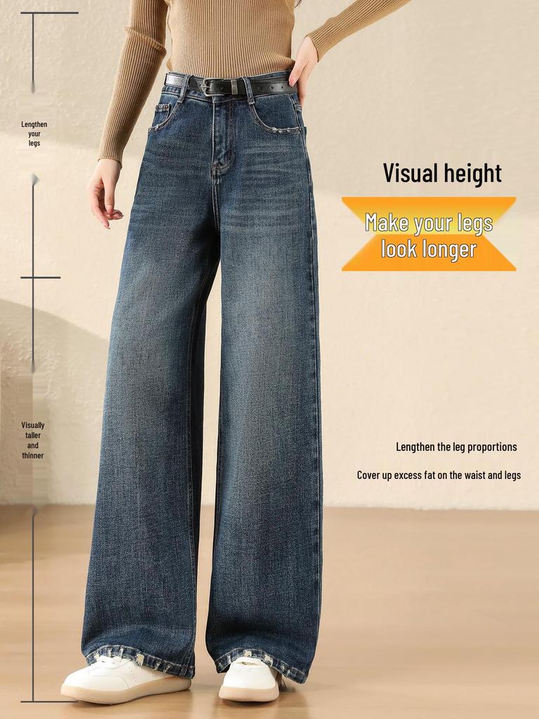 Autumn 2025 Retro Blue High Waist Straight Leg Jeans: Versatile, Slimming, Loose, Floor-Length Trousers