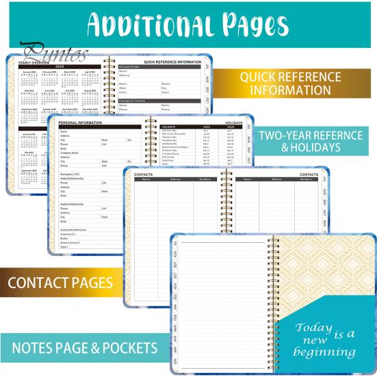 Planer 2025–2026, Juli 2025 – Juni 2026, 12 Monate, Tages-, Wochen- und Monatsplaner, Notizbuch mit Blumendruck und Spiralbindung für Zuhause, Büro und Schule
