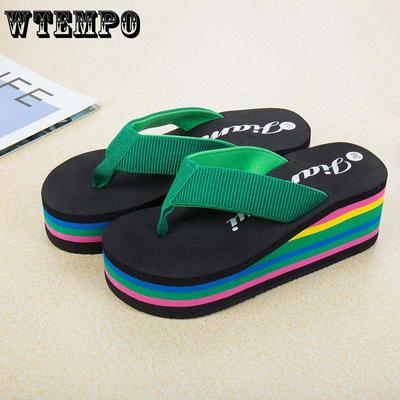 Green Flip-flops Women Outer Wear High-heeled Slippers Non-slip Thick-soled Slope Heel Light Comfortable Beach Slippers Fashionable Colorful